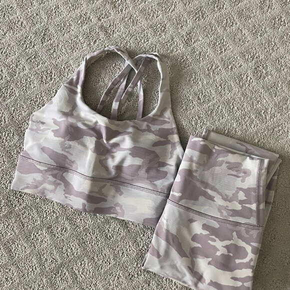 Lululemon PINK PURPLE CAMO LUXTREME RIBBED SET Energy Bra Long Line + Leggings 4 - Picture 13 of 15